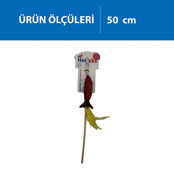 Herniks Matatabili Sesli Tüylü Ahşap Saplı Kedi Oltası Jr. Fish 50cm - Bordo