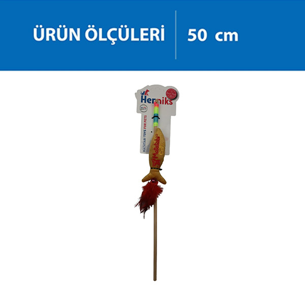 Herniks Matatabili Sesli Tüylü Ahşap Saplı Kedi Oltası Jr. Fish 50cm - Sarı