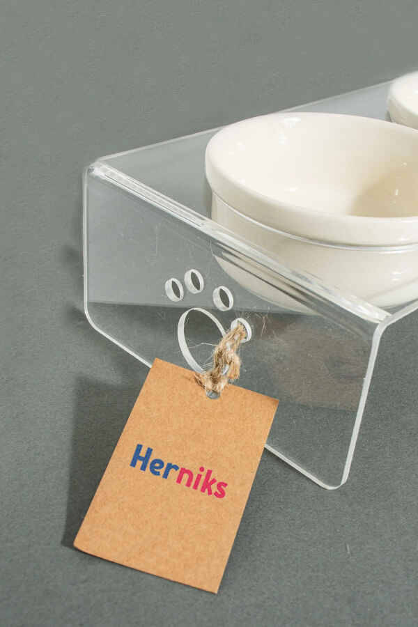 Herniks Pati Desenli Şeffaf Pleksi Ve Seramik İkili Mama Kabı 30x15 Cm - Şeffaf