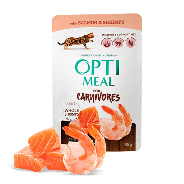 Optimeal Carnivores Sos İçinde Parça Somonlu ve Karidesli Yetişkin Kedi Konservesi 85gr