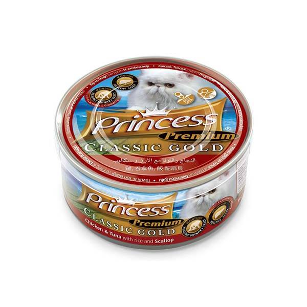 Princess Classic Gold Tavuklu Ton Balıklı Deniz Tarağı ve Kızılcıklı Yetişkin Kedi Konservesi 170 gr