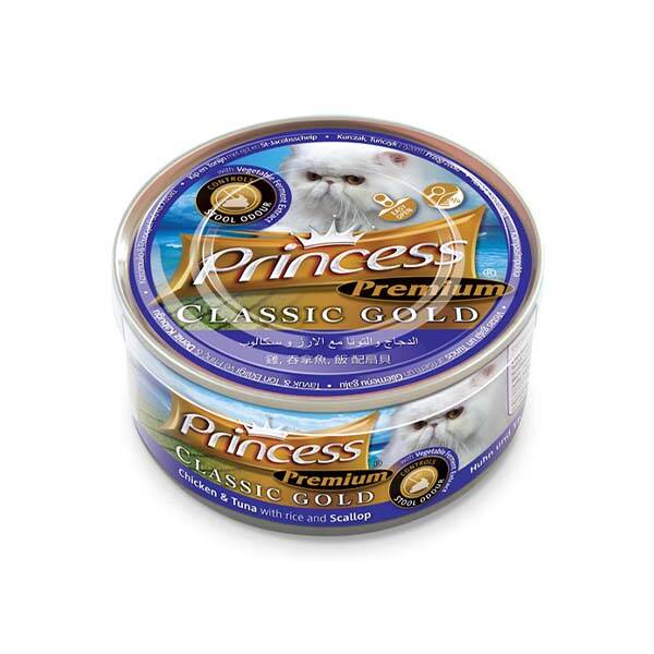 Princess Classic Gold Tavuklu Ton Balıklı Deniz Tarağı ve Pirinçli Yetişkin Kedi Konservesi 170 gr