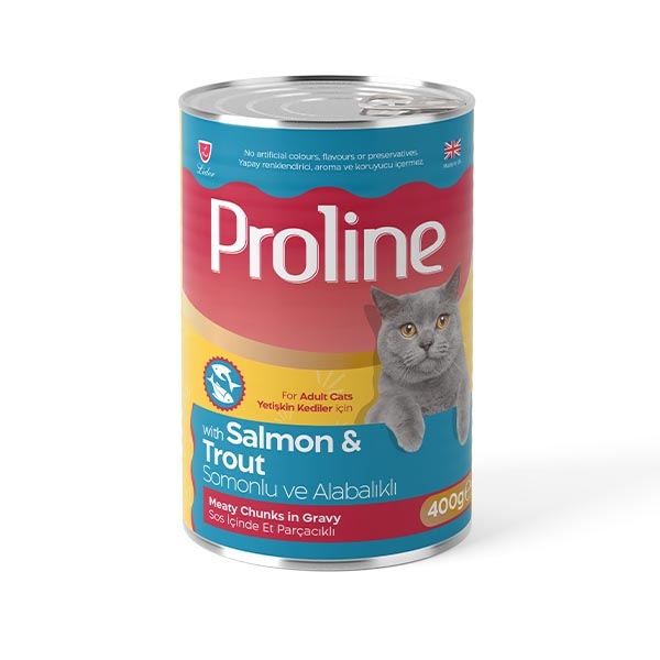 Proline Sos içinde Et Parçacıklı Somonlu ve Alabalıklı Yetişkin Kedi Maması 400 Gr