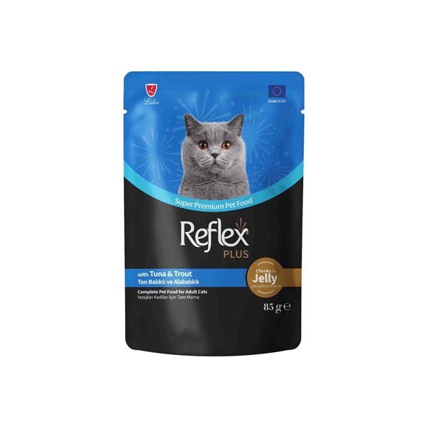 Reflex Plus Jöle İçinde Parça Ton Balıklı ve Alabalıklı Yetişkin Kedi Konservesi 85gr