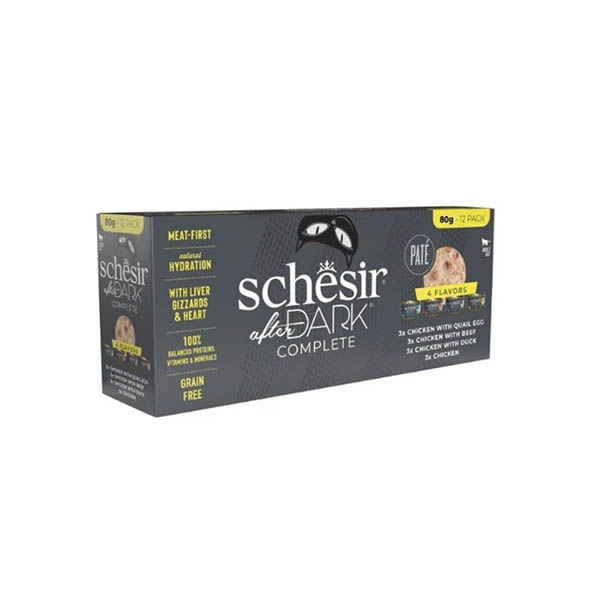 Schesir After Dark Tavuk&Bıldırcın Yumurtası&Sığır&Ördek Et Suyunda Paté Yetişkin Kedi Konservesi Çeşit Paketi 12x80g