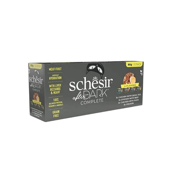 Schesir After Dark Tavuk&Bıldırcın Yumurtası&Sığır&Ördek Et Suyunda Yetişkin Kedi Konservesi Çeşit Paketi 12x80g