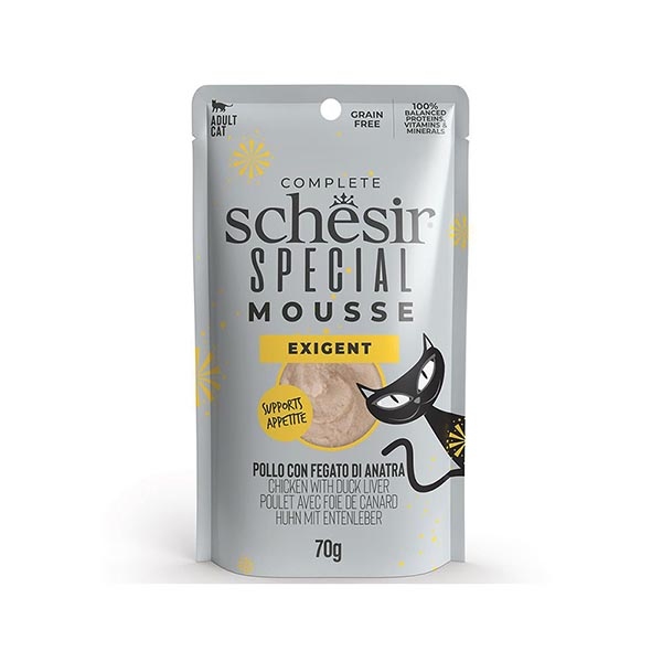 Schesir Exigent Tavuk ile Ördek Karaciğeri Tam ve Dengeli Yetişkin Kedi Maması Pouch 70 Gr