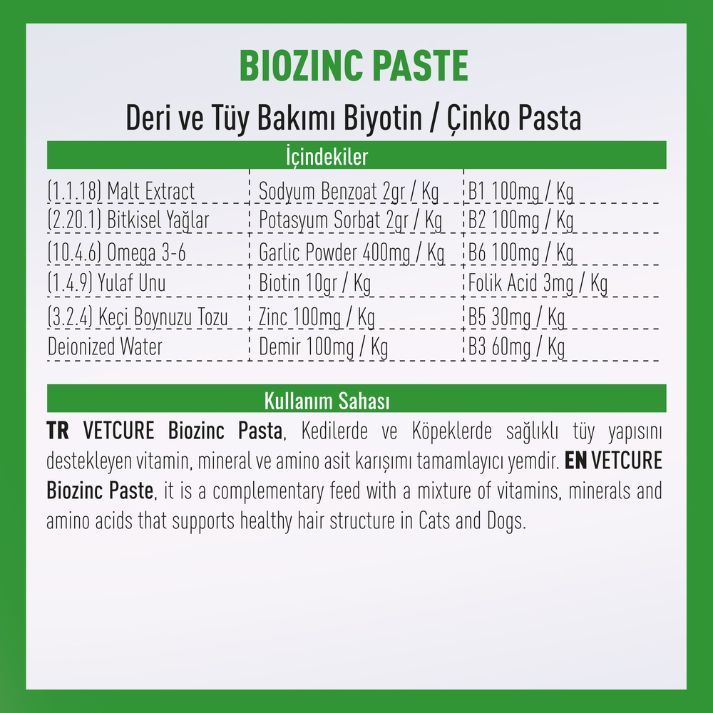 Vetcure Biozinc Kedi ve Köpek Deri ve Tüy Destekleyici Paste 100 gr