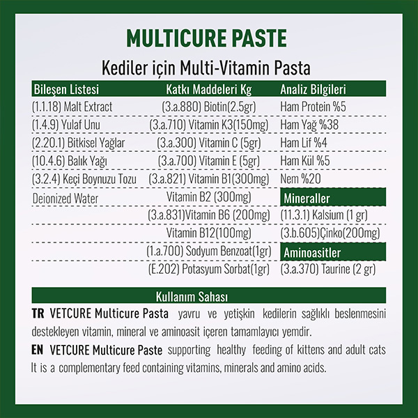 Vetcure Multicure Kedi Multivitamin ve Mineral Desteği Paste 100 gr