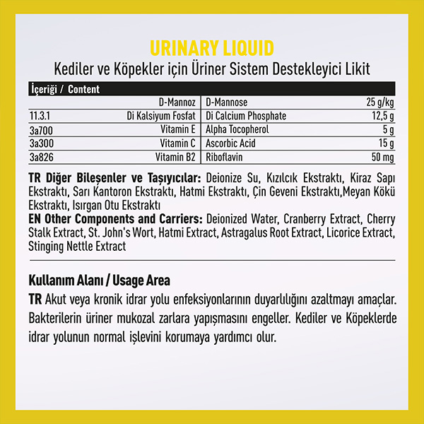 Vetcure Urinary Kedi ve Köpek Akut ve Kronik İdrar Yolu Sağlığı Destekleyici Likit 50 ML